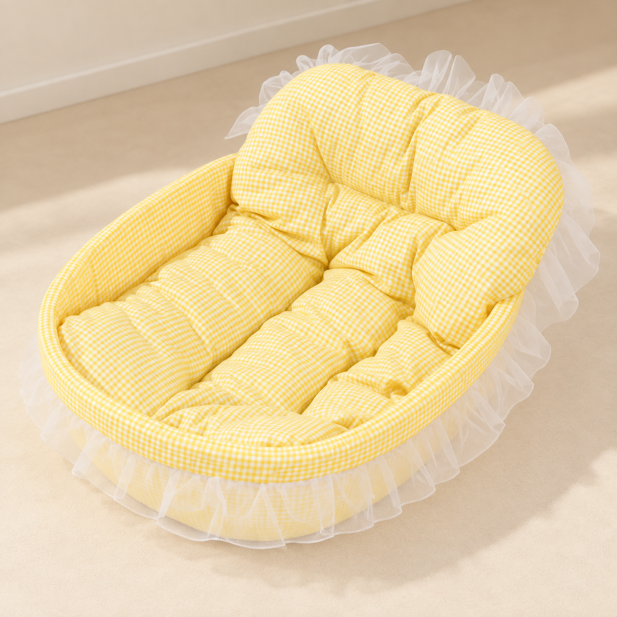 panier chat design lit confortable jaune dentelle