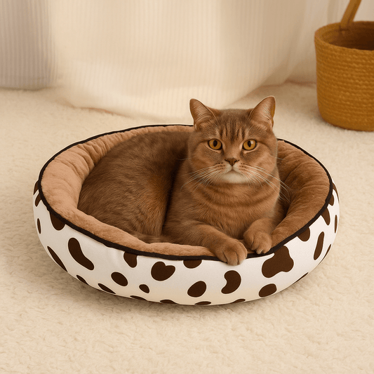 panier chat forme donut motif vache avec chat gris allonge