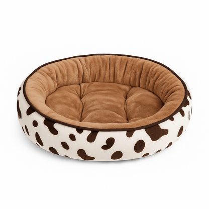 panier chat forme donut motif vache marron