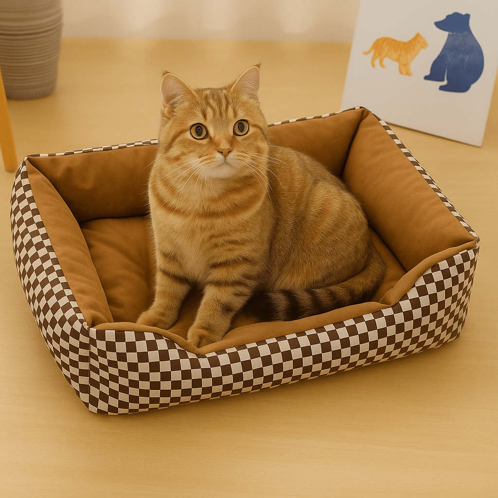 panier chat carre a carreaux avec chat orange assis