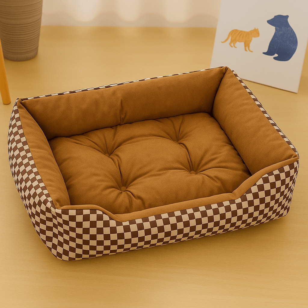 panier chat carre a carreaux brun