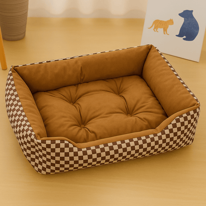 panier chat carre a carreaux brun
