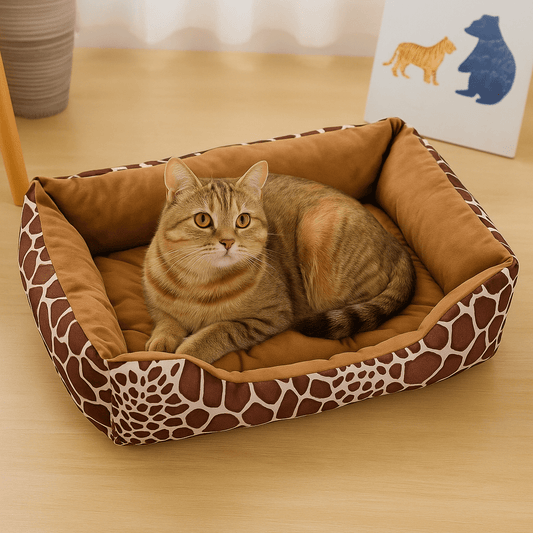 panier chat carre motif girafe avec chat brun allonge