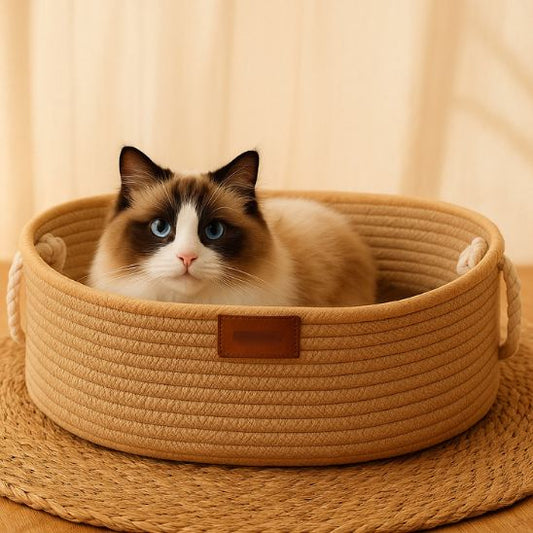 panier chat osier a corde avec chat couche