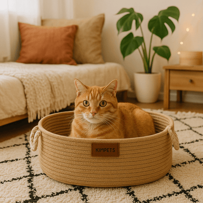 panier chat osier a corde avec chat orange couche