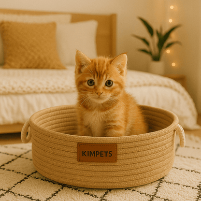 panier chat osier a corde avec chaton orange assis