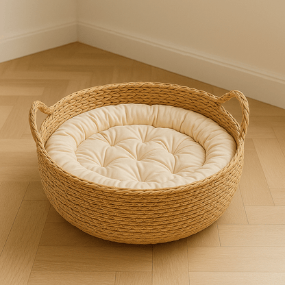 panier chat osier avec oreilles chat et coussin taille L