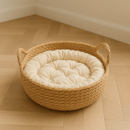panier chat osier avec oreilles chat et coussin taille M