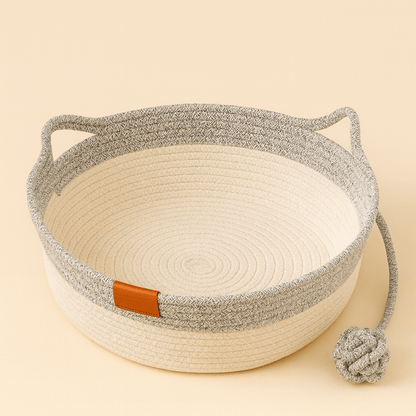 panier chat osier oreilles chat rond gris avec balle