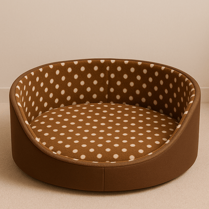 presentation panier chat rond a pois brun