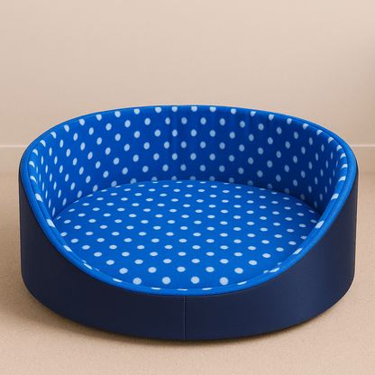 presentation panier chat rond a pois bleu