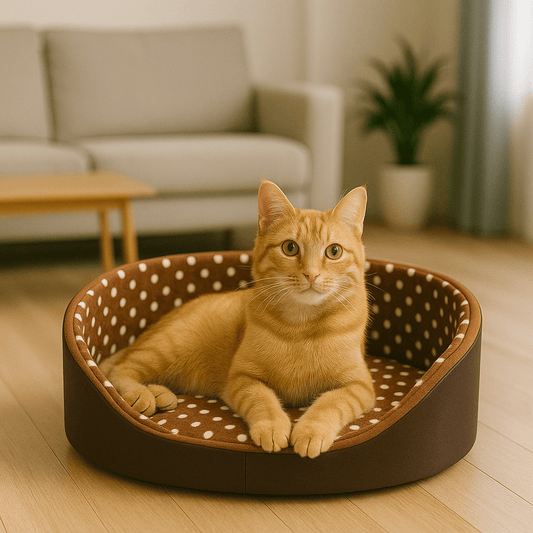 panier chat rond a pois brun avec chat orange allonge