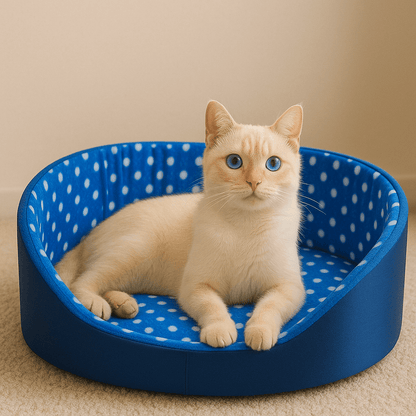 panier chat rond a pois bleu avec chat blanc etendu
