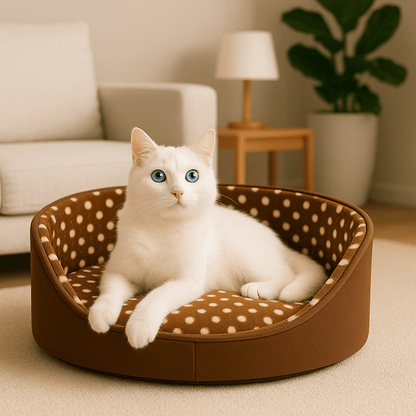 panier chat rond a pois brun avec chat blanc allonge