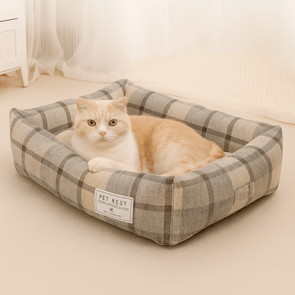 panier pour chat carre motif carreaux avec chat beige allonge