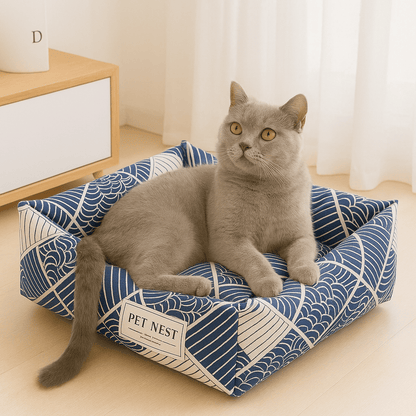 panier pour chat carre motif vague avec chat gris allonge