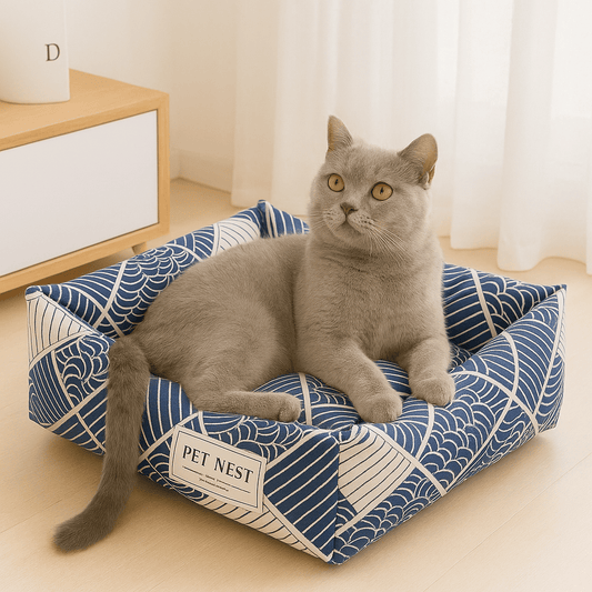 panier pour chat carre motif vague avec chat gris allonge