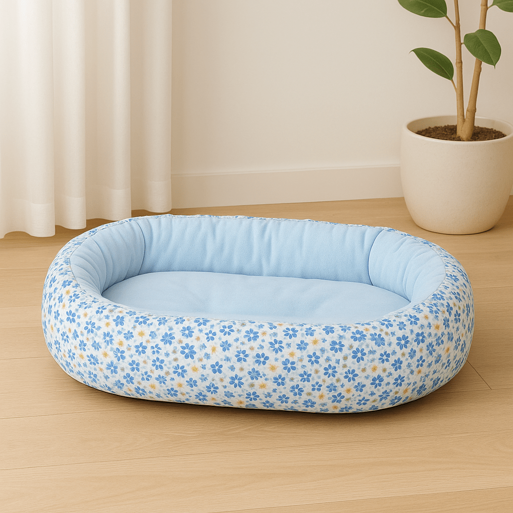 panier pour chat ovale motif floral bleu