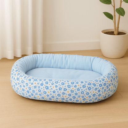panier pour chat ovale motif floral bleu