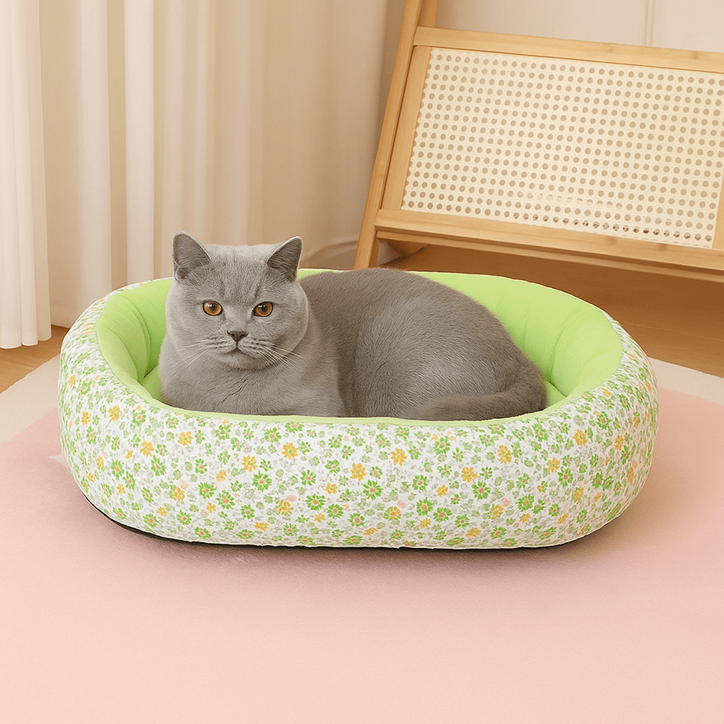 panier pour chat ovale motif floral vert avec chat couche