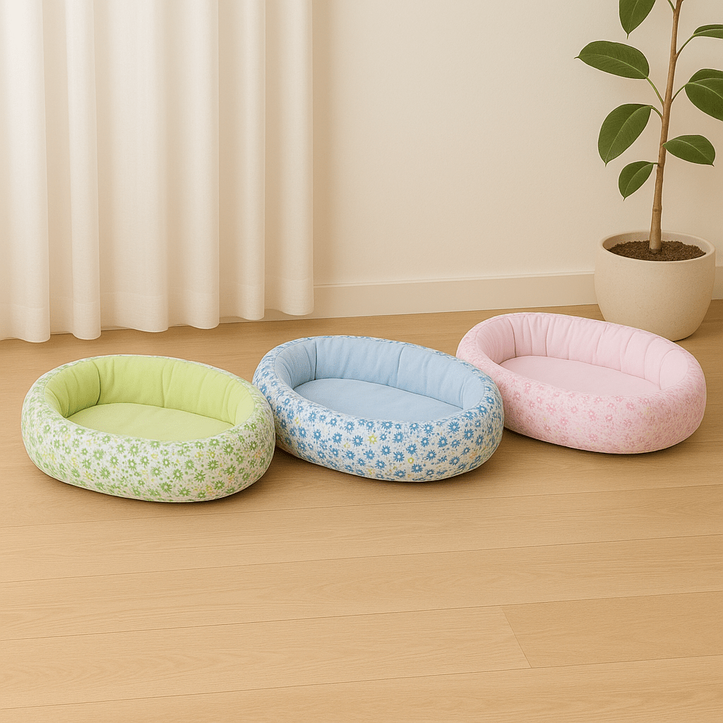 trois panier pour chat ovale motif floral vert bleu rose