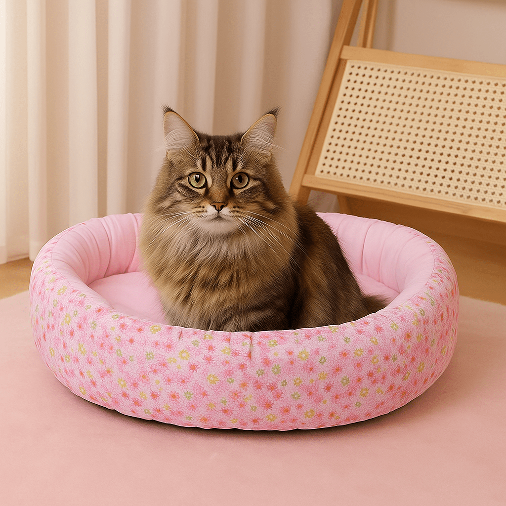 panier pour chat ovale motif floral rose avec chat assis
