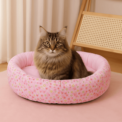 panier pour chat ovale motif floral rose avec chat assis