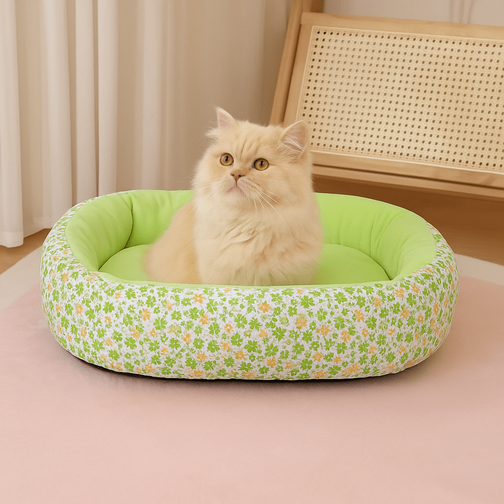 panier pour chat ovale motif floral vert avec chat assis