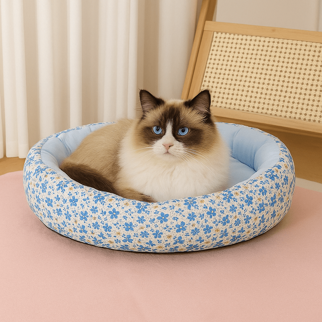 panier pour chat ovale motif floral bleu avec chat allonge