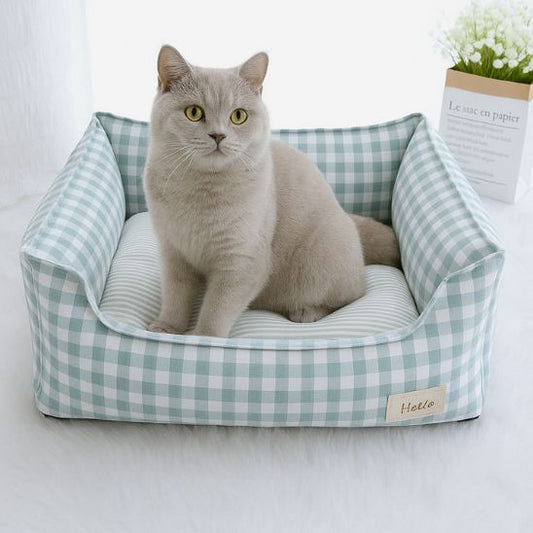 panier pour chat rayure bleu avec chat gris assis