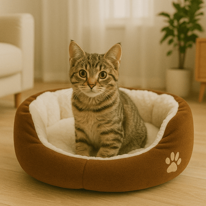 petit chat dans chat panier rond doux brun motif patte