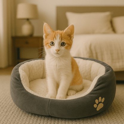 petit chat dans chat panier rond doux gris motif patte