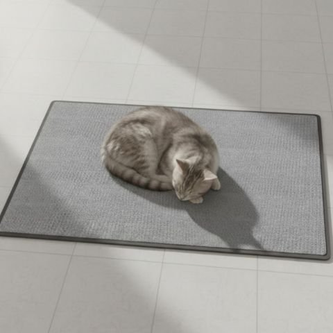 petit chat gris allonger sur tapis griffoir chat gris