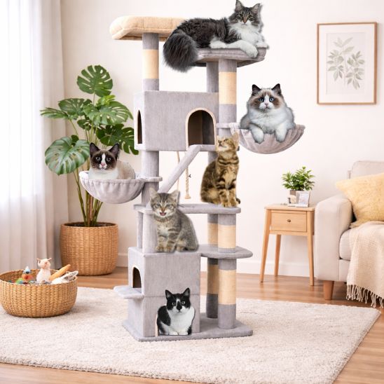 plusieurs chats dans grand arbre à chat xxl stable