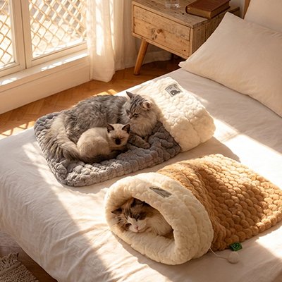 plusieurs chats dans sac de couchage chat laine