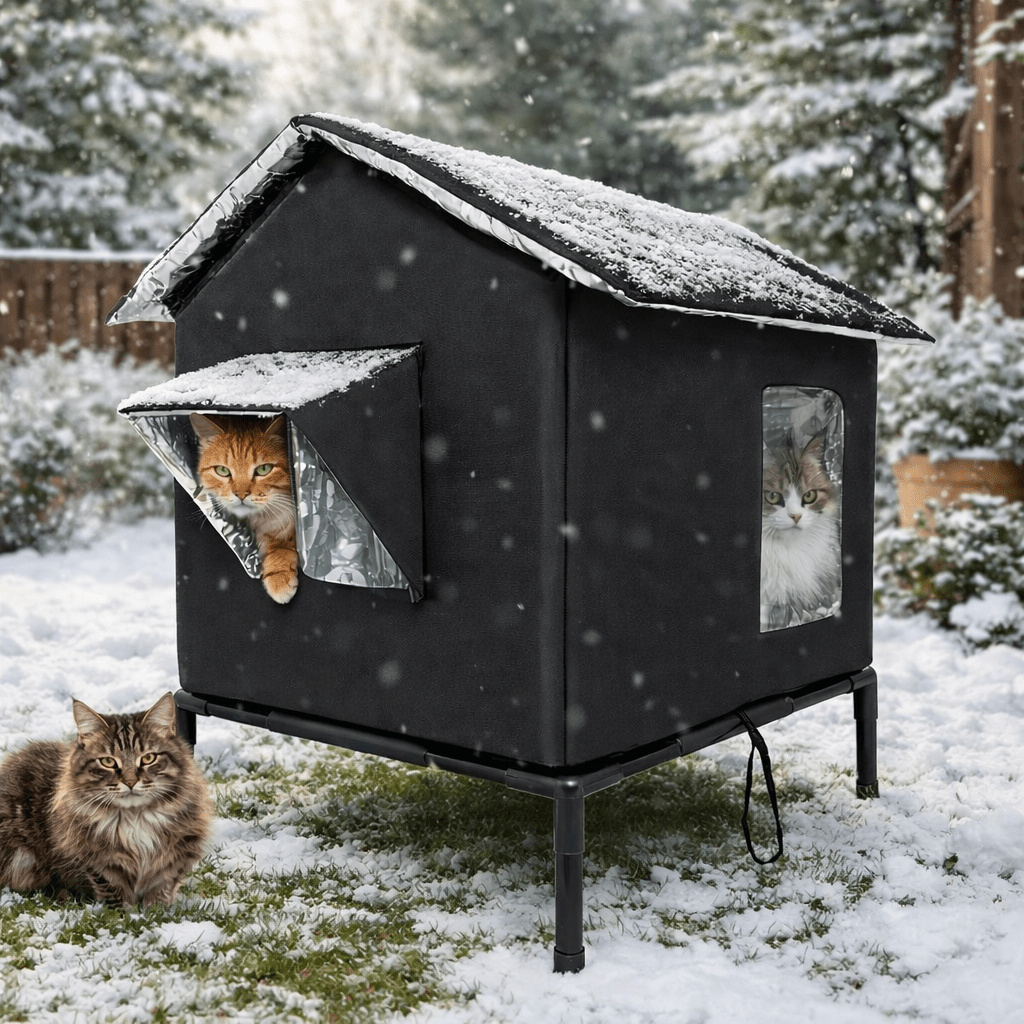 plusieurs chats utilisant maison chat exterieur elevee isolee noire