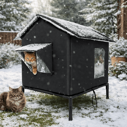 plusieurs chats utilisant maison chat exterieur elevee isolee noire