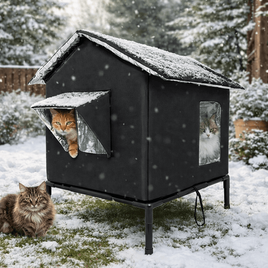 plusieurs chats utilisant maison chat exterieur elevee isolee noire