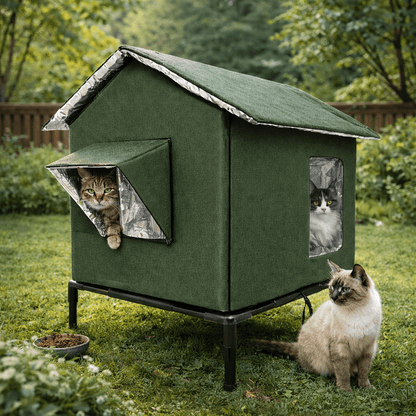 plusieurs chats utilisant maison chat exterieur elevee isolee verte