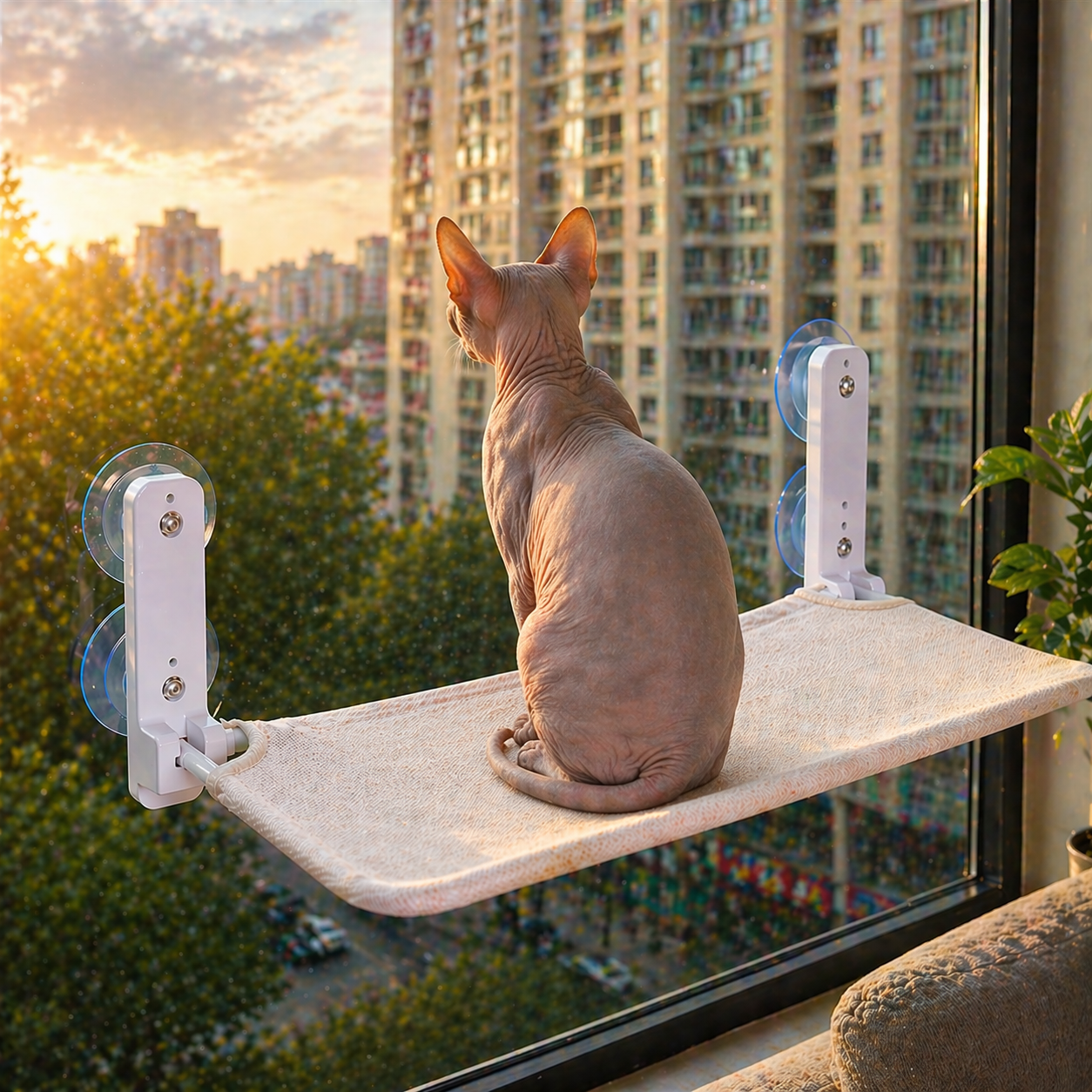 sphynx assis dos sur perchoir chat fenêtre blanc respirant