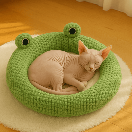 sphynx endormi dans coussin pour chat rond grenouille verte moelleux