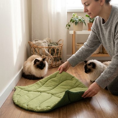tapis chat avec humain placant le tapis