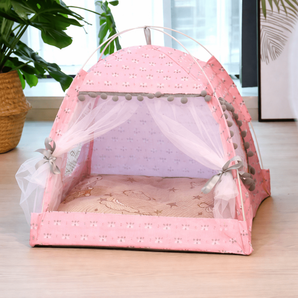 tente pour chat fleuri confortable rose