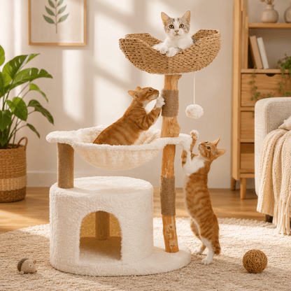 trois chats jouant dans arbre a chat nuage confortable pratique