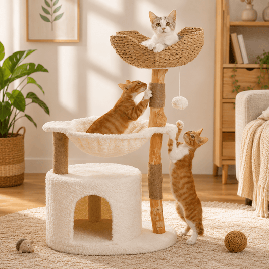 trois chats jouant dans arbre a chat nuage confortable pratique