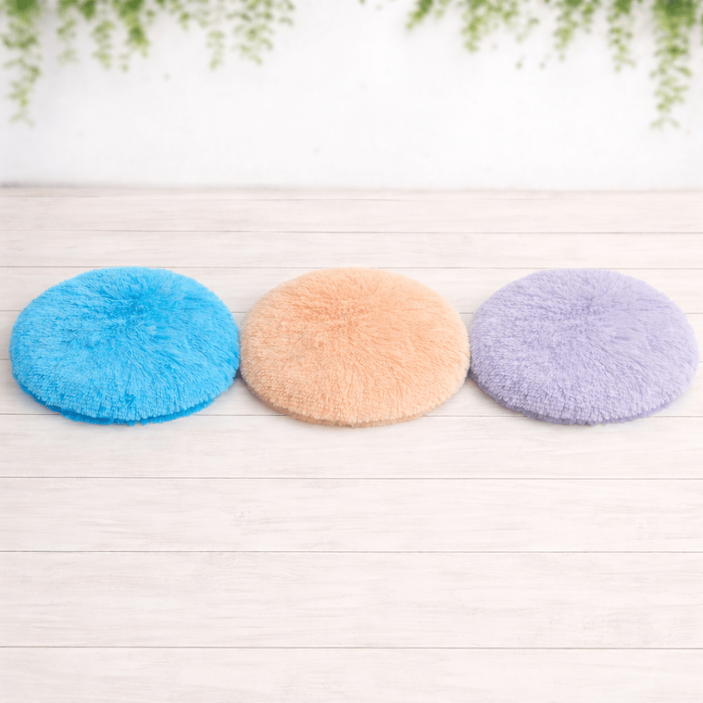 trois coussin chat rond doux gris beige bleu