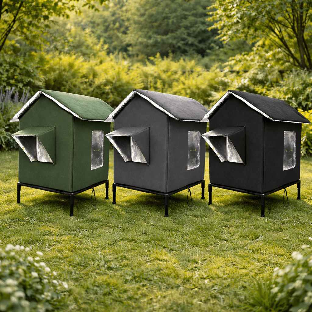 trois maison chat exterieur elevee isolee grise noire verte