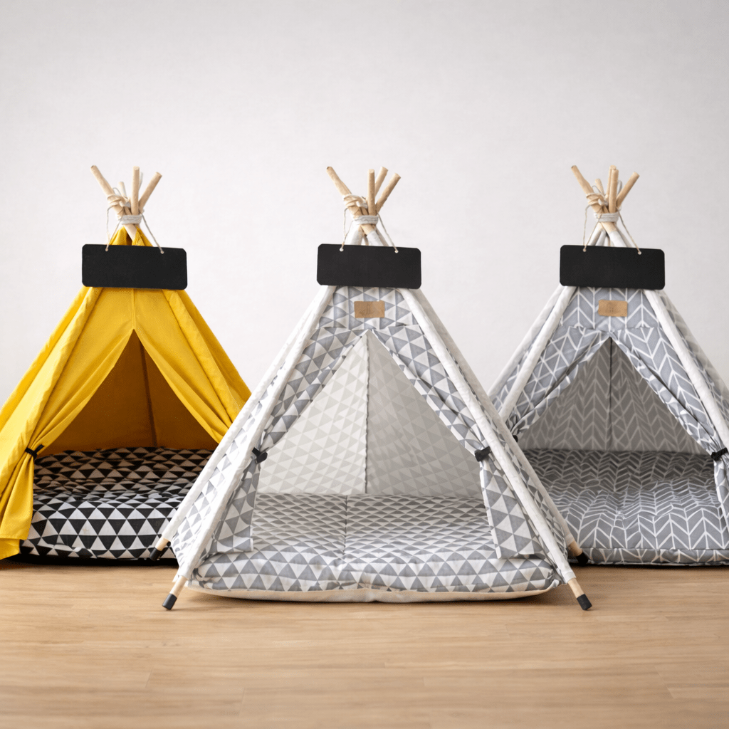 trois tente pour chat confortable design chevrons gris triangle gris noir
