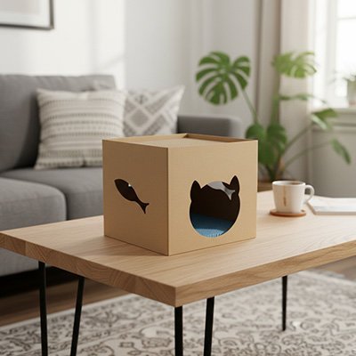 vue ensemble maison en carton pour chat