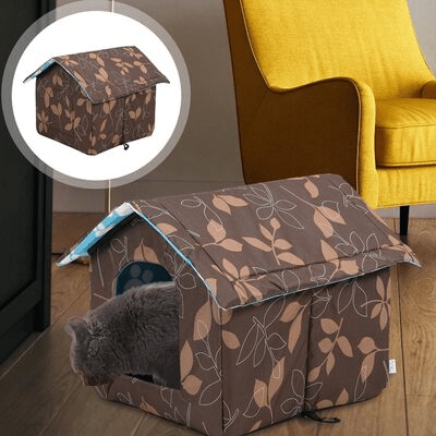 vue ensemble niche pour chat exterieur marron